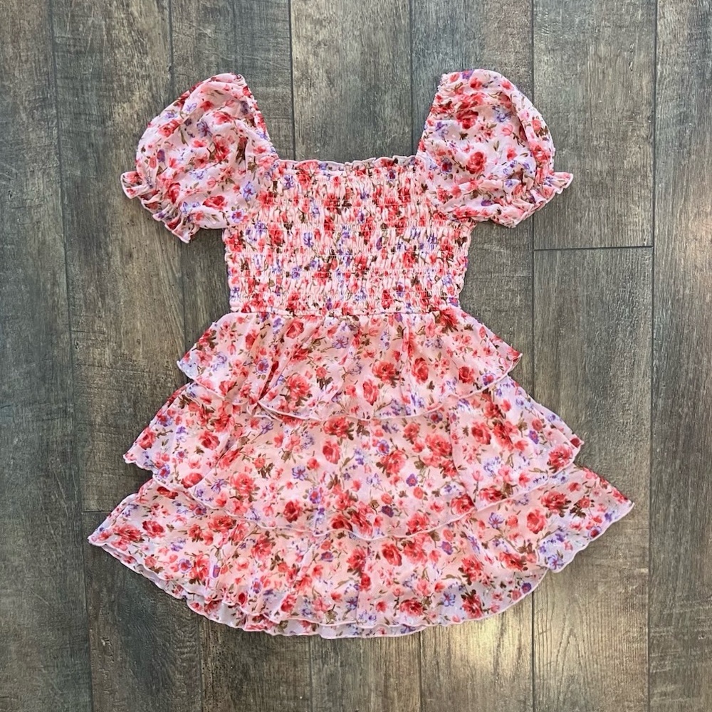 thirty/thirty LA floral puff sleeve smocked tiered minidress allover pink floral
